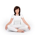 Woman practicing yoga on white background. Girl wearing white meditating with closed eyes, sitting in lotus position or Royalty Free Stock Photo