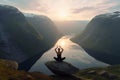 Woman practive yoga mountains. Generate AI Royalty Free Stock Photo