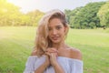 Woman pray in the garden, Beautiful woman with white dress believe in God, christian study concept Royalty Free Stock Photo