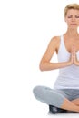 Woman, prayer with yoga and meditation in studio with mindfulness and peace of mind on white background. Exercise