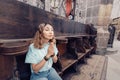 Woman praying in catholic church Royalty Free Stock Photo