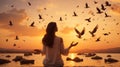 Woman praying and free the birds enjoying nature on sunset background, hope concept Royalty Free Stock Photo