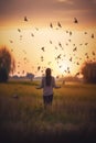 Woman praying and free the birds to nature on sunset background AI generated Royalty Free Stock Photo