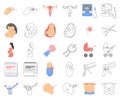 Woman and pregnancy cartoon,outline icons in set collection for design. Gynecology and equipment vector symbol stock web Royalty Free Stock Photo