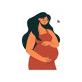 Woman during pregnancy. Cartoon pregnant girl with child in belly, female character with hands on tummy, maternity