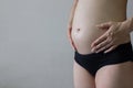 Woman are pregnant on gray background. The abdominal section of the womb. Royalty Free Stock Photo