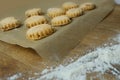 Woman prepares butter cookies at home in the kitchen, the table is sprinkled with flour, rolls out the dough, cuts out the shape, Royalty Free Stock Photo