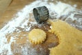 Woman prepares butter cookies at home in the kitchen, the table is sprinkled with flour, rolls out the dough, cuts out the shape, Royalty Free Stock Photo