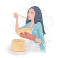 A woman prepares food tastes it