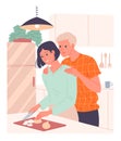 Woman prepares a meal a loving man embraces her from behind Royalty Free Stock Photo