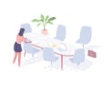 Woman prepares office for business meeting isometric illustration. Female secretary character arranges chairs tidies up