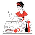 Woman preparing apple pie in her kitchen, hand drawn doodle style vector illustration isolated Royalty Free Stock Photo