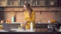 Businesswoman working with pc and eating in flat. Royalty Free Stock Photo