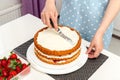 The woman is preparing a cake. The pastry chef evens out the cream on the cake. Royalty Free Stock Photo