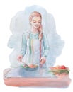 Woman preparing dinner on a stove watercolor