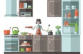Woman preparing food in the kitchen. Furniture, cooking utensils and appliances. Flat style vector illustration.