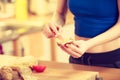 Woman preparing healthy breakfast making sandwich Royalty Free Stock Photo