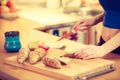 Woman preparing healthy breakfast making sandwich Royalty Free Stock Photo