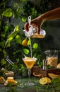 Woman preparing melon margarita cocktail with mint in glass Royalty Free Stock Photo