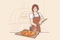 Woman is preparing pizza and holding shovel to take out dish from oven for cooking italian food