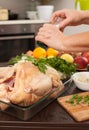 Woman preparing a Turkey for roasting in the kitchen Royalty Free Stock Photo