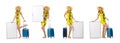 Woman preparing for vacation with suitcase and blank board isol