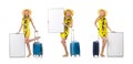 Woman preparing for vacation with suitcase and blank board isol