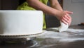 Woman preparing white fondant for cake decorating, hands detail, focus on the cake