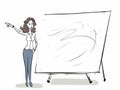 Woman presenter with blank presentation whiteboard in hand-drawn style Royalty Free Stock Photo