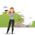 Woman presenting building project, female realtor agent at construction site, vector illustration