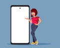 Woman Presenting an Empty Display of an oversized Smartphone vector Illustration