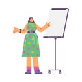 Woman presenting, explaining and pointing on white board on wheels, vector business mentor, coach, teacher, project Royalty Free Stock Photo