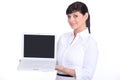 Woman presenting a laptop Royalty Free Stock Photo