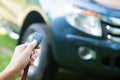 Woman pressed on the remote to open the car Royalty Free Stock Photo