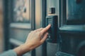 Woman pressing button on intercom entering building Royalty Free Stock Photo
