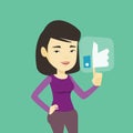 Woman pressing like button vector illustration.