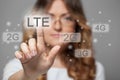 Woman pressing LTE touchscreen button Royalty Free Stock Photo