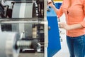 Woman pressing start button on label printing machine Royalty Free Stock Photo