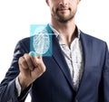 Woman pressing on virtual button with dactyloscopy scanner.