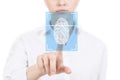 Woman pressing on virtual button with dactyloscopy scanner.