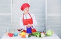 Woman pretty chef wear hat and apron. Uniform for professional chef. Lady adorable chef teach culinary arts. Improve