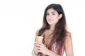 Woman pretty lovely cheerful brunette girl holding paper-cup carton coffee isolated on white background Royalty Free Stock Photo