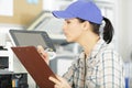 woman printer checking state Royalty Free Stock Photo