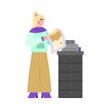 Woman printing on offset printing or copying equipment, vector illustration.