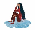 Woman with problems, sitting with closed eyes and crying, making a puddle of water around her. Big long hair. Vector illustration.