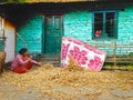 Woman is processing beans in Himalayas Mountains Annapurna trek