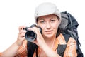 woman with a professional camera in the campaign against Royalty Free Stock Photo