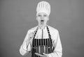 Woman professional chef hold whisk and pot. Whipping like pro. Girl in apron whipping eggs or cream. Start slowly Royalty Free Stock Photo