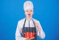 Woman professional chef hold whisk and pot. Whipping like pro. Girl in apron whipping eggs or cream. Start slowly Royalty Free Stock Photo