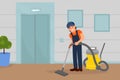 Woman professional cleaner in uniform vacuuming floor in office. Cleaning service company staff flat vector Royalty Free Stock Photo